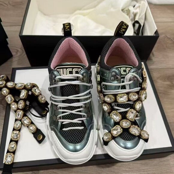 NIB Authentic Gucci Tricolor Leather&Mesh Flashtrek Reflective Lace Up Sneakers - Picture 4 of 6